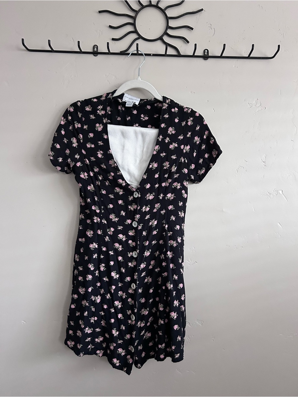 RVCA Black Dress with Pink Floral Buttons